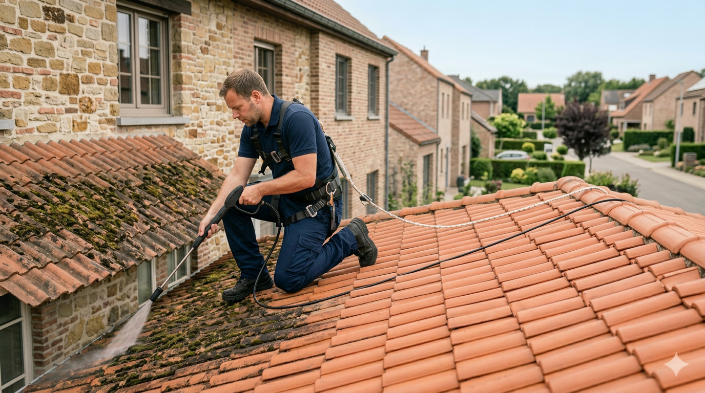 Technicien FB Clean en train de nettoyer une toiture en tuiles à Marche-lez-Ecaussinnes